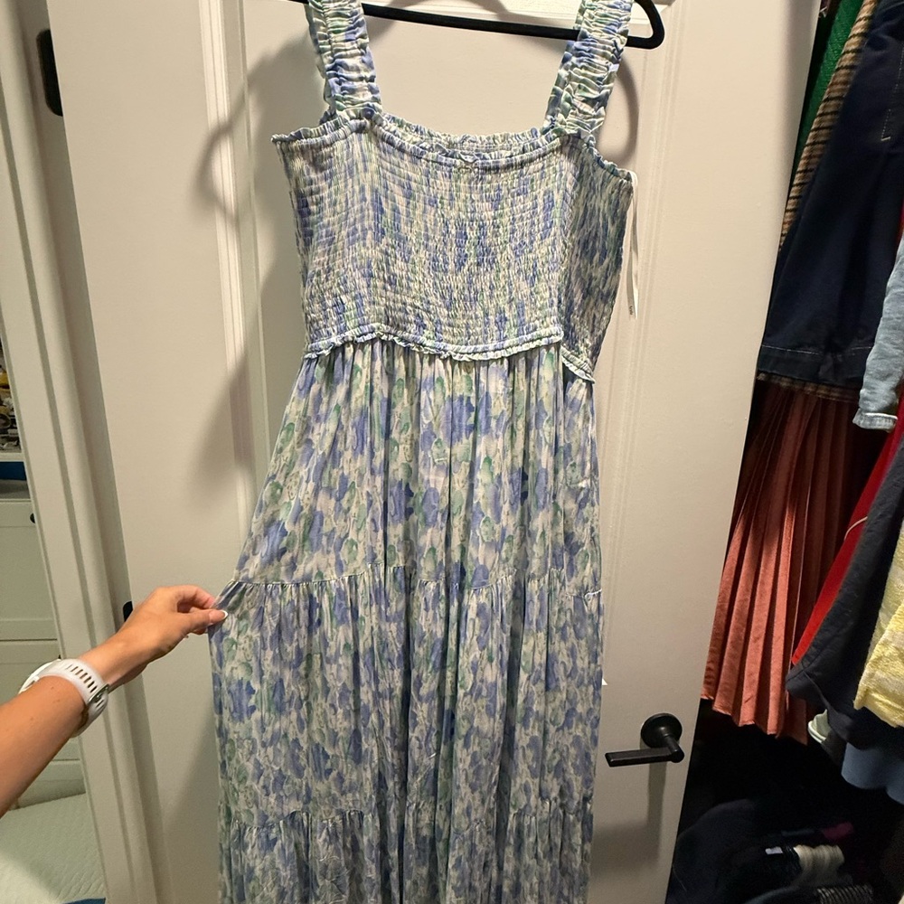 ARULA Blue and Green Floral Smocked Maxi